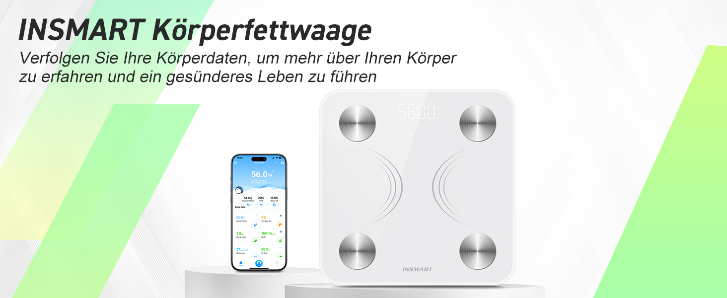 INSMART Розумні ваги для вимірювання тіла з Bluetooth, цифрова вага для людей, аналіз складу тіла: жир, маса м'язів, вода, білок, кісткова маса, ІМТ, BMR, пульс