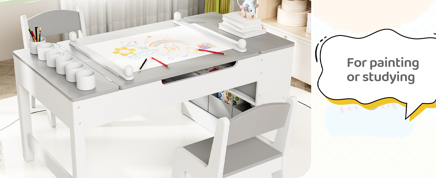 Дитячий стіл MAMIZO з 2 стільцями: дерев'яний стіл для ігор з місцем для зберігання, комплект меблів для дітей 3+ (сірий)