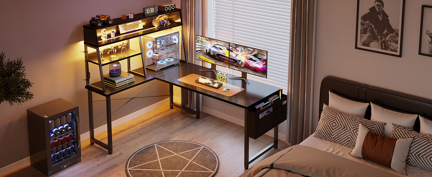 Ігровий стіл кутовий Coleshome L-подібний з LED підсвіткою, 130x100 см, з полицями та кишенями для зберігання, реверсивний, для геймерів та домашнього офісу, чорний