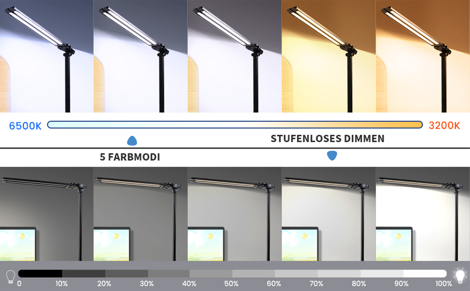 Світлодіодна настільна лампа з подвійним поворотним кронштейном, з можливістю затемнення, сенсорний, 5 кольорів, 10 рівнів яскравості