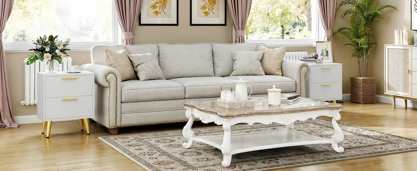 Приліжкові тумбочки YITAHOME (2 шт.) з 2 шухлядами, білі, з золотими ніжками, 40 x 30 x 52 см