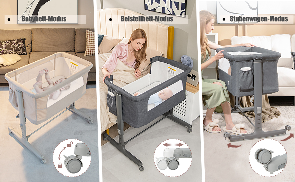 Двофункціональне ліжко-приліжкова стільниця Dreamade 2 в 1 з регулюванням висоти, з матрацом та колесами, 86 x 63 см, для новонароджених до 9 кг, з нахилом 10°, сірий колір