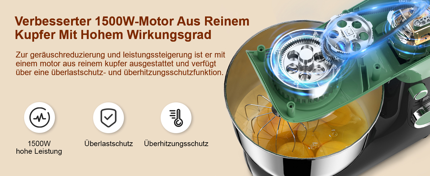 Кухонна машина-міксер Facelle 1500W з великою чашею 5.5/4.5л, 10+ програм, тиха робота, набір насадок (зелено-сірий)