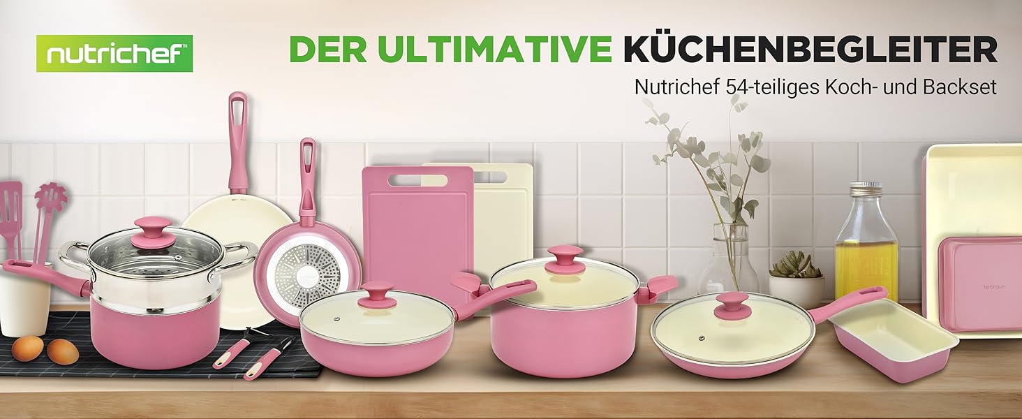 Набір кухонного посуду NutriChef 54 елементи – сковорідки, каструлі, кухонні аксесуари, ножі, форми для випічки, для індукції, газу та електроплити, здорове та дієтичне приготування (рожевий)