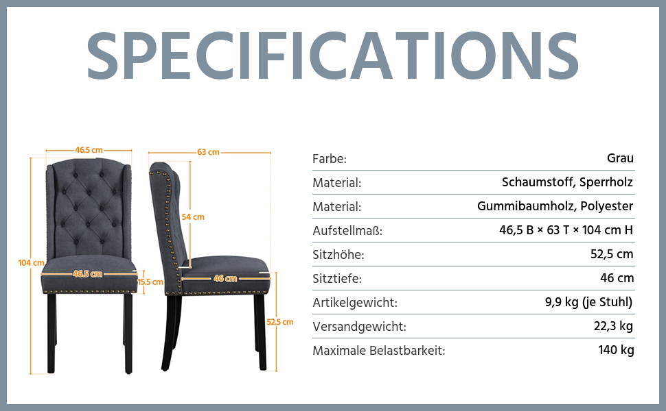 Набір кухонних стільців Yaheetech (6 шт.) з підлокітниками, сірий, до 140 кг