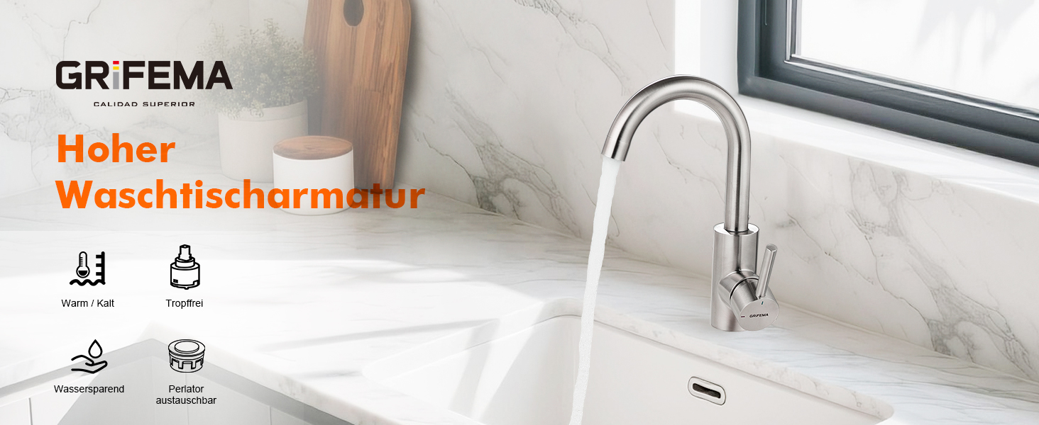 Змішувач для ванної кімнати GRIFEMA, 360° поворотний, однорідний, нержавіюча сталь, 180 мм, холодна та гаряча вода, економія води, проста установка, 3/8″ з'єднання, для гостьового туалету, G1002A сірий