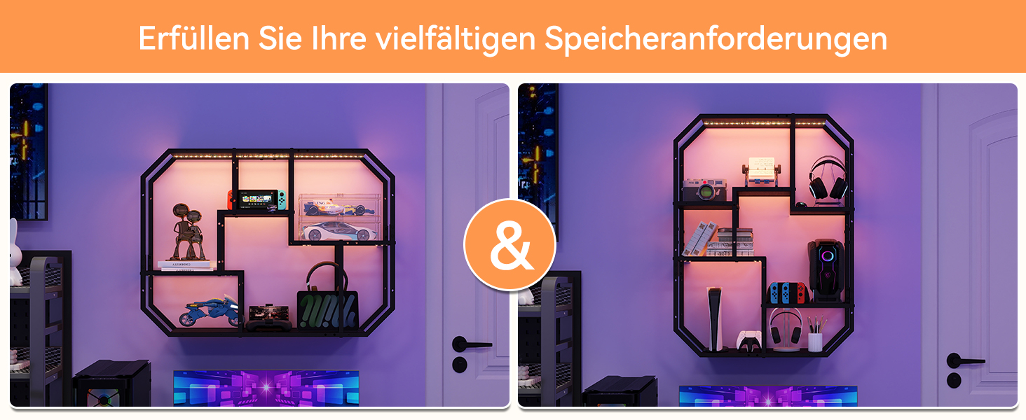 Підвісні полиці YU YUSING з RGB підсвічуванням 7 кольорів, геймерські полиці з 8 гачками, полиці для демонстрації, настінна вітрина з 2 скляними полицями, підвісна вітрина для спальні, кухні, бару, ігрової кімнати, шестигранна (чорний колір)