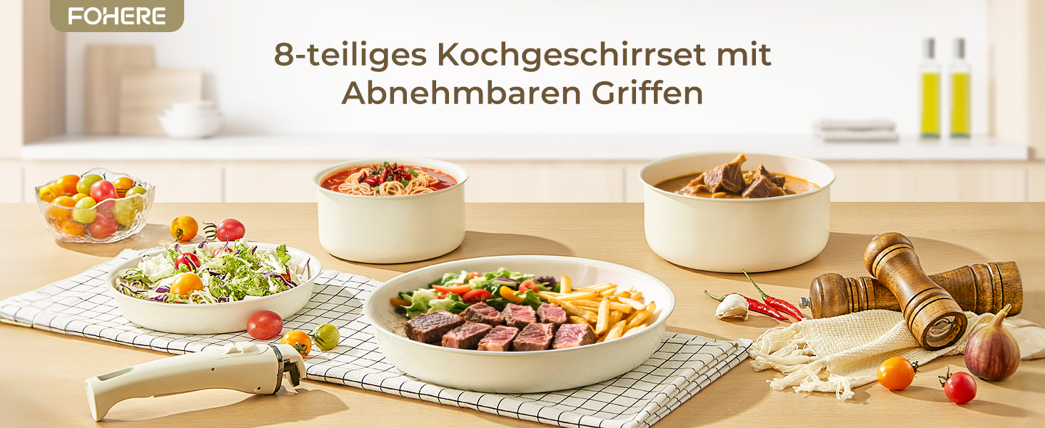 Набір посуду FOHERE 8 предметів: каструлі та сковороди з 2 знімними ручками, сковорода 20/28 см, каструлі 2.6/1.4 л, підходить для всіх плит (індукція), безпечний у духовці та посудомийній машині, бежевий