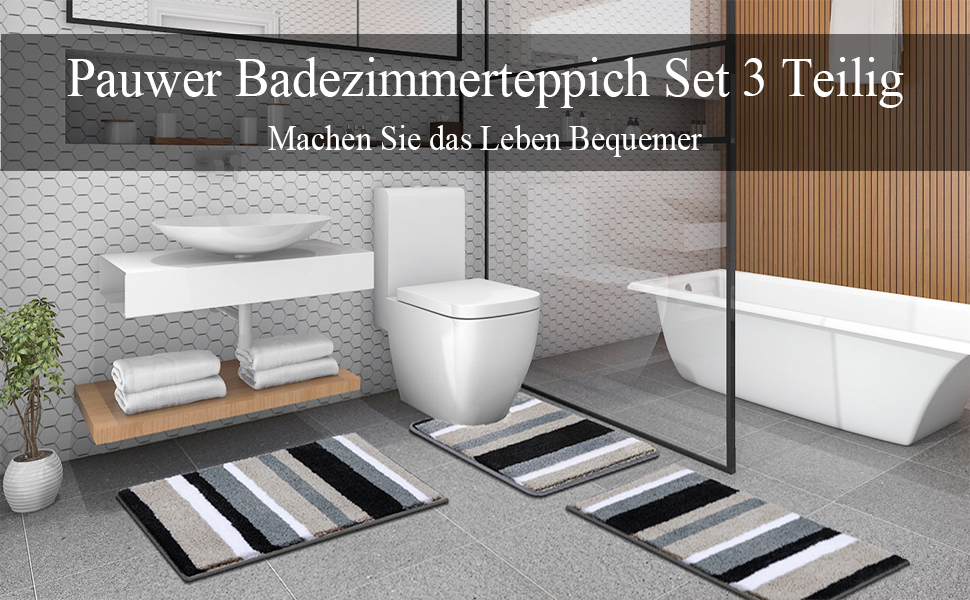 Набір килимків для ванної кімнати Pauwer: 3 шт. з мікрофібри, антиковзаючі, швидковисихаючі, для душу, ванни та туалету (Чорний). Розміри: 50x80 см + 45x65 см + 50x60 см