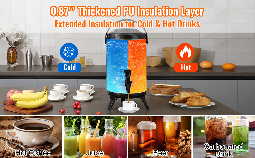 Диспенсер для гарячих та холодних напоїв VEVOR 17.2 л, нержавіюча сталь. Диспенсер для води, кави, молока, соку. Ізотермос 7.6 л