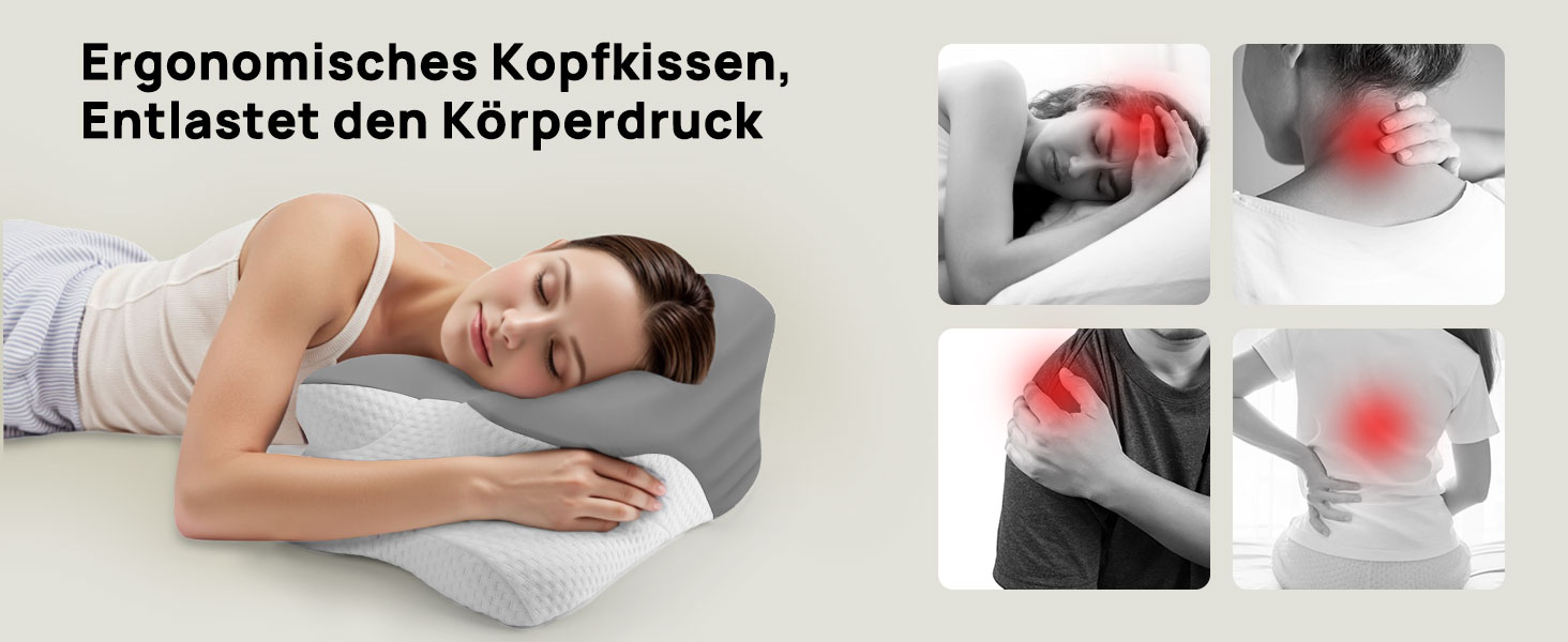 Подушка для шиї Feagar з Memory Foam, ергономічна, 2 висоти (8/12 см), сіра. Підтримка шиї та плечей