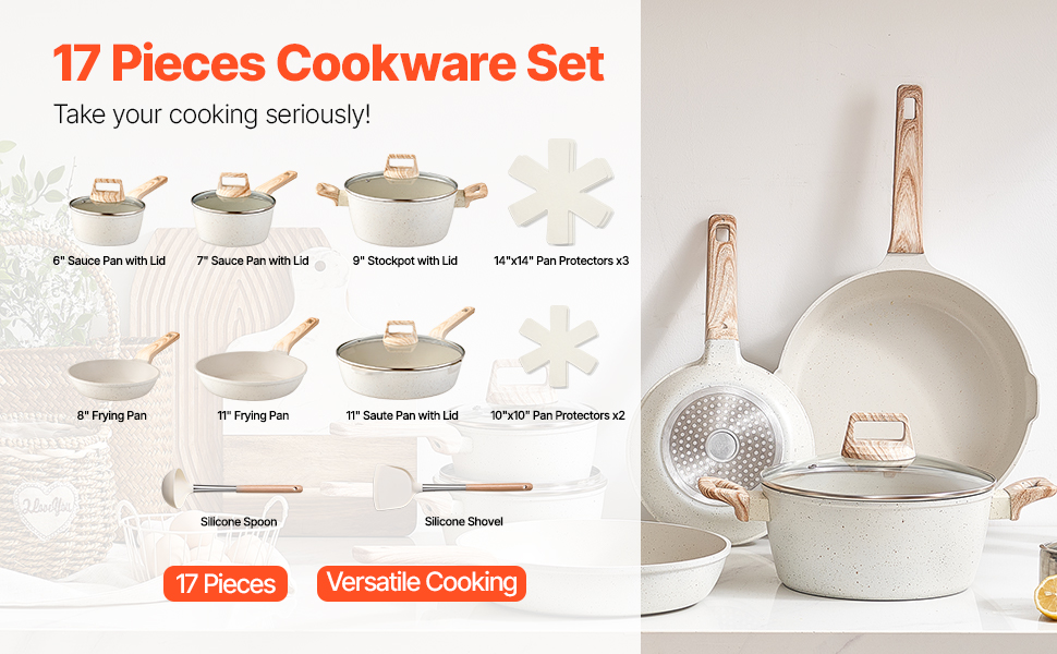 Набір каструль та сковорідок VEVOR з індукційним покриттям (17 предметів) з кришками, антипригарне покриття, для кухні, кемпінгу, приготування соусів та варіння (білий)