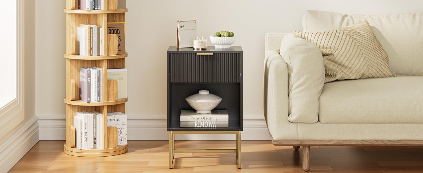 Приліжкова тумбочка з відкритим відділенням, столик для канапи в спальню та вітальню (горіх), (40 x 30 x 60 см, чорне фетрове покриття)