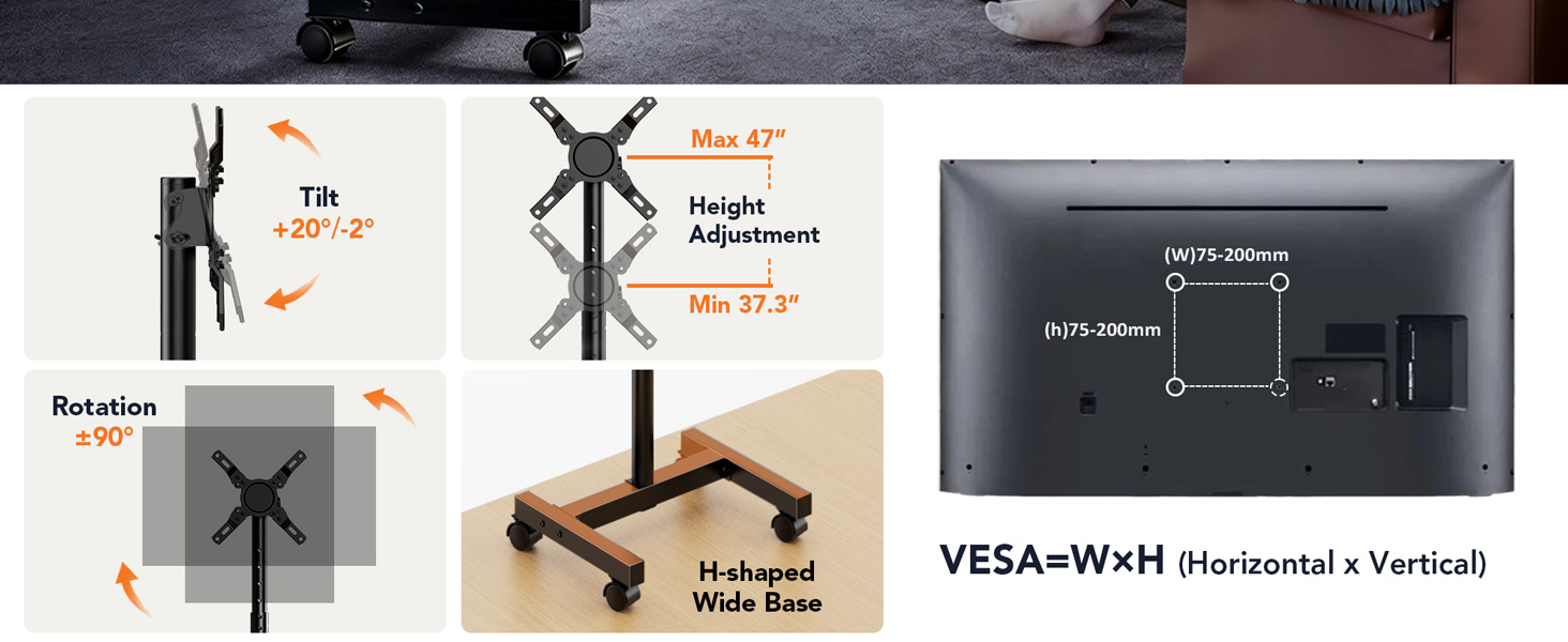 Підставка для телевізора Hemudu з колесами 23-60 дюймів, VESA 400x400 мм, до 35 кг, регульована висота