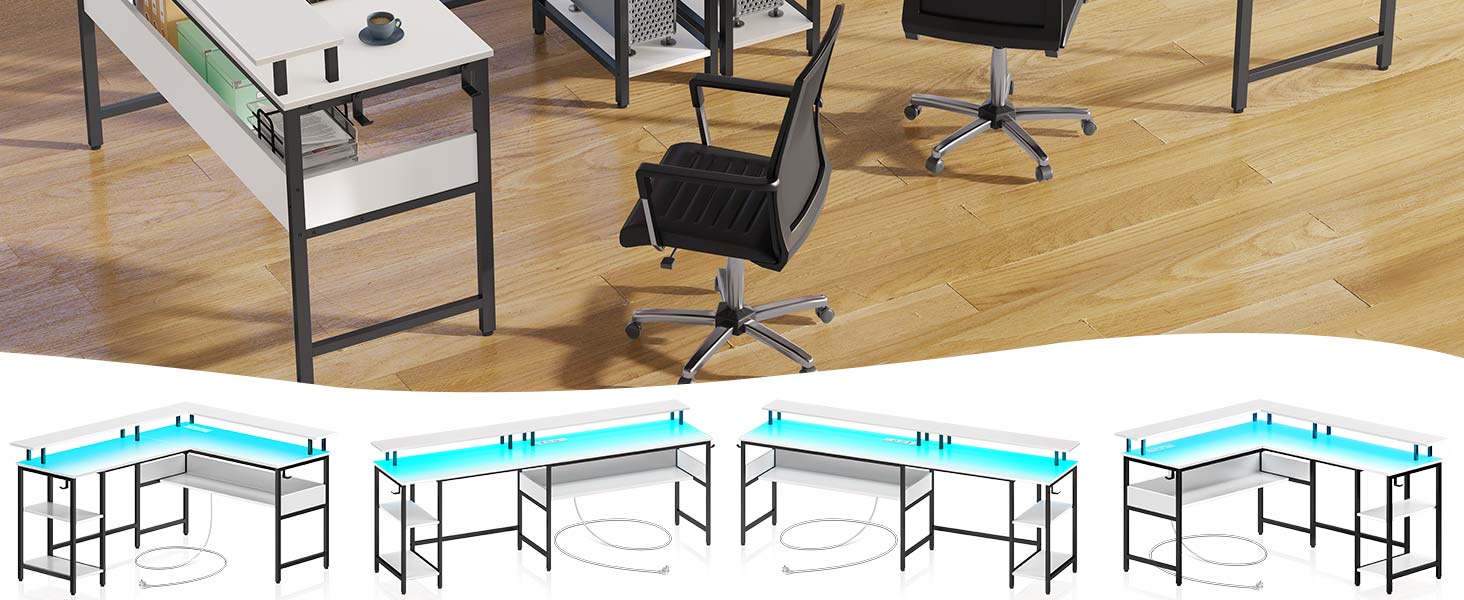 Ігровий стіл Rolanstar L-подібної форми з LED-підсвічуванням та розеткою, 137 x 108 см, комп'ютерний стіл з підставкою для монітора та місцем для зберігання, реверсивний кутовий стіл для офісу, домашнього офісу (Білий)