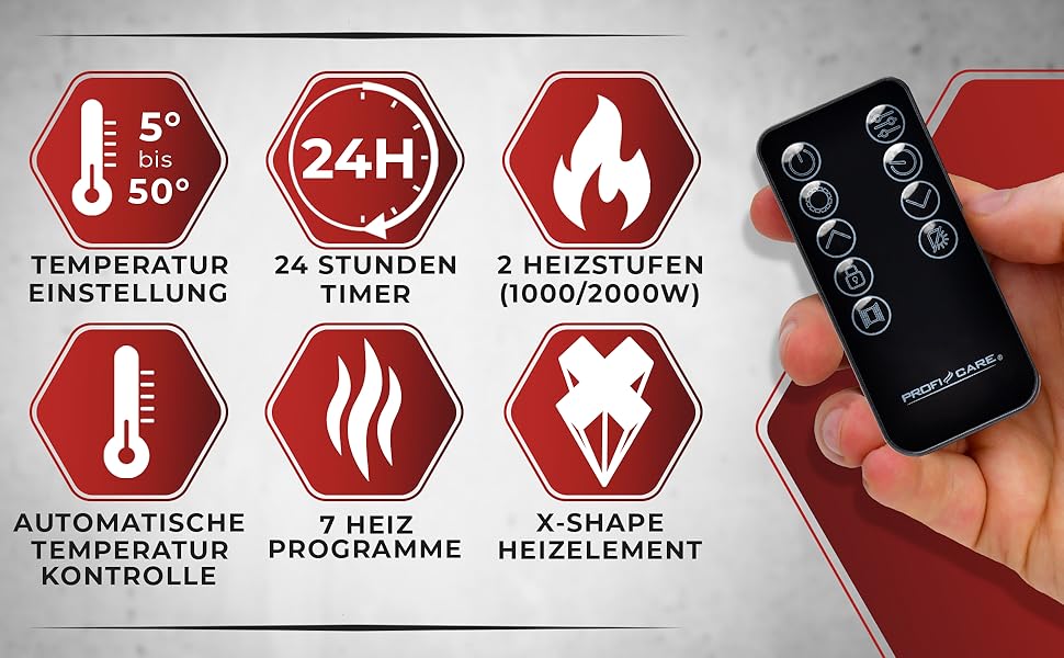 ProfiCare® Електричний конвектор з скляною передньою панеллю та X-подібним нагрівальним елементом | Мобільний обігрівач, також підходить для настінного монтажу | Конвектор з 2 рівнями нагріву | Безшумне опалення - 0dB | PC-GKH 3119 чорний