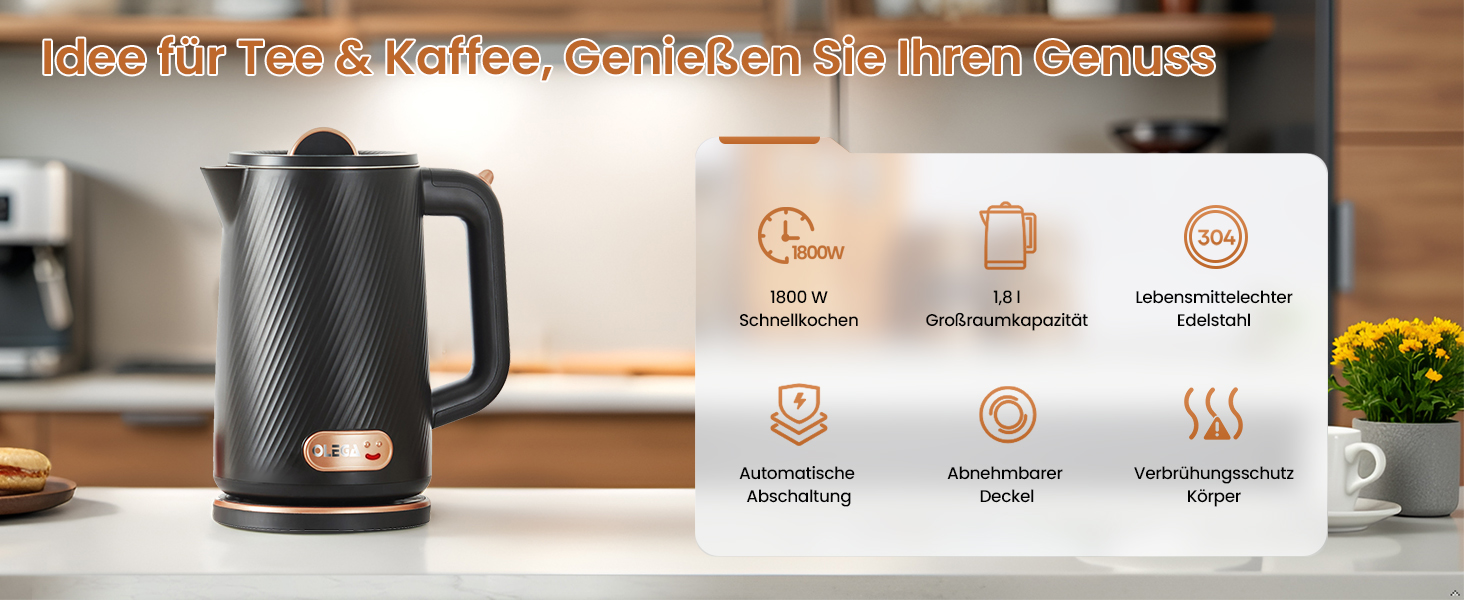 Електричний чайник OLEGA 1.8L, 1800W, нержавіюча сталь, автоматичне відключення, захист від сухого кип'яття