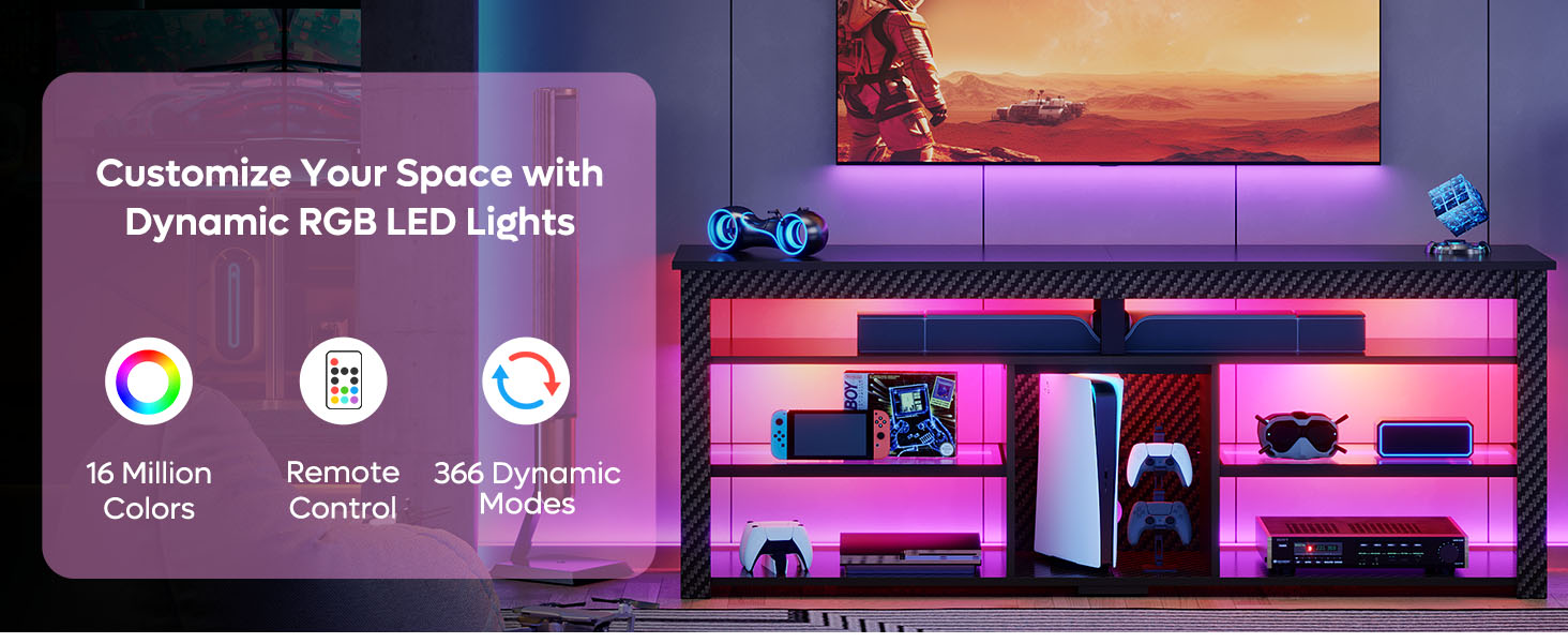 Тумба під телевізор Bestier 70 дюймів з LED-підсвіткою, для PS5, чорний мармур 160x33.8x66.8 см