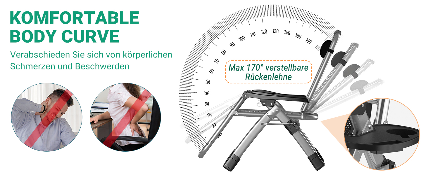 Шезлонг для відпочинку, розкладний, 200 кг, Zero Gravity, з подушкою, підстаканником, широкий, регульований, для саду, патіо, пляжу, басейну, сірий