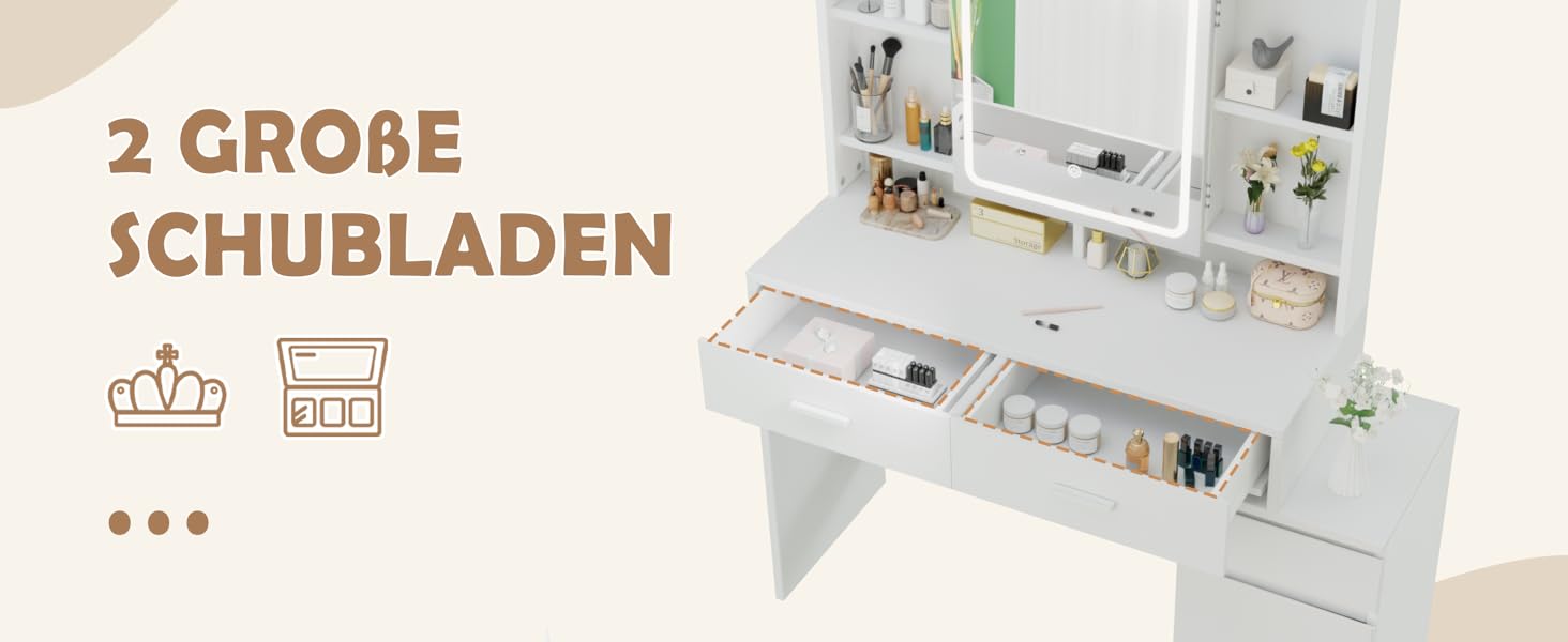 Дзеркало для макіяжу JUMMICO з LED-підсвічуванням, регульована яскравість та колірна температура, органайзер, туалетний столик з ящиками та регульованими полицями, 110x40x140 см