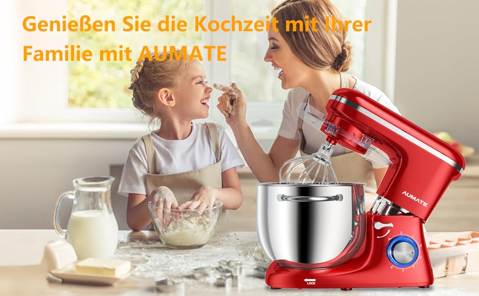 Кухонна машина AUMATE 1400W, 8 л, з міксером, гаком для тіста та вінчиком (червона)