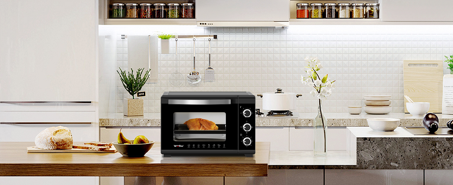 Міні-піч WOLTU 28 л, піч для піци 1600 Вт, 100-230 °C, таймер 0-60 хв, 3 режими нагріву, з деко, решіткою, підсвічуванням крихт, підйомником решітки, чорна