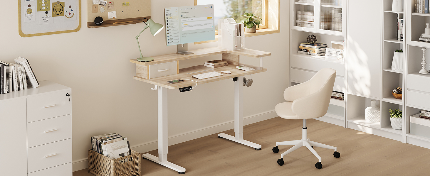 Електричний стіл OffiGo з регулюванням висоти, 120x60 см, з ящиком та USB, ергономічний, для комп'ютера, кленова поверхня