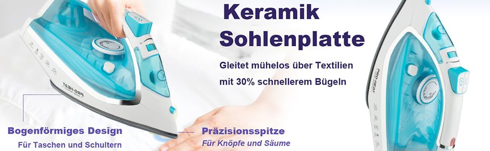 Парова праска з керамічною підошвою, самоочищення, 340 мл резервуар для води, 3000 Вт, автоматичне вимкнення (зелена/блакитна)