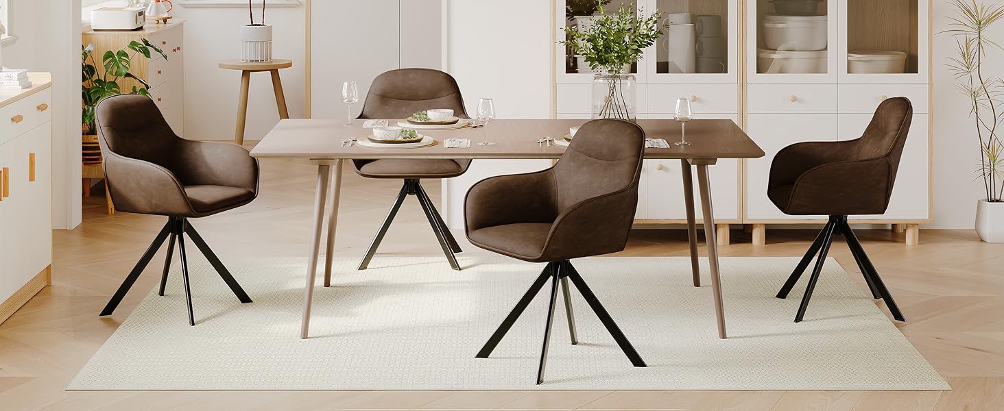 Обідній крісло з підлокітниками, набір з 6 обертових крісел, крісло для кухні, офісу, м'яке крісло з поліестеру та металевими ніжками, спинкою (6 шт., темно-коричневий)