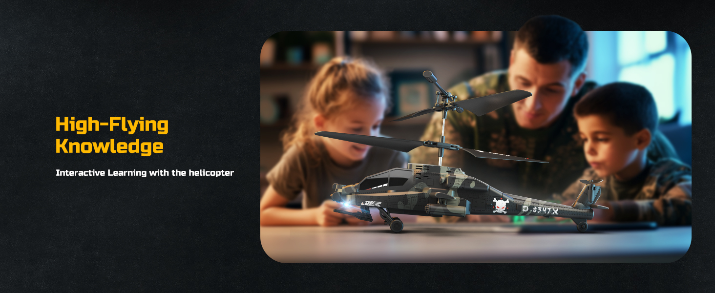 Радіокерований вертоліт DEERC Apache 2.4GHz, 2 акумулятори, 26 хв польоту, LED, стабілізація висоти, автоматичний зліт, чорний – ідеальний подарунок для хлопчиків