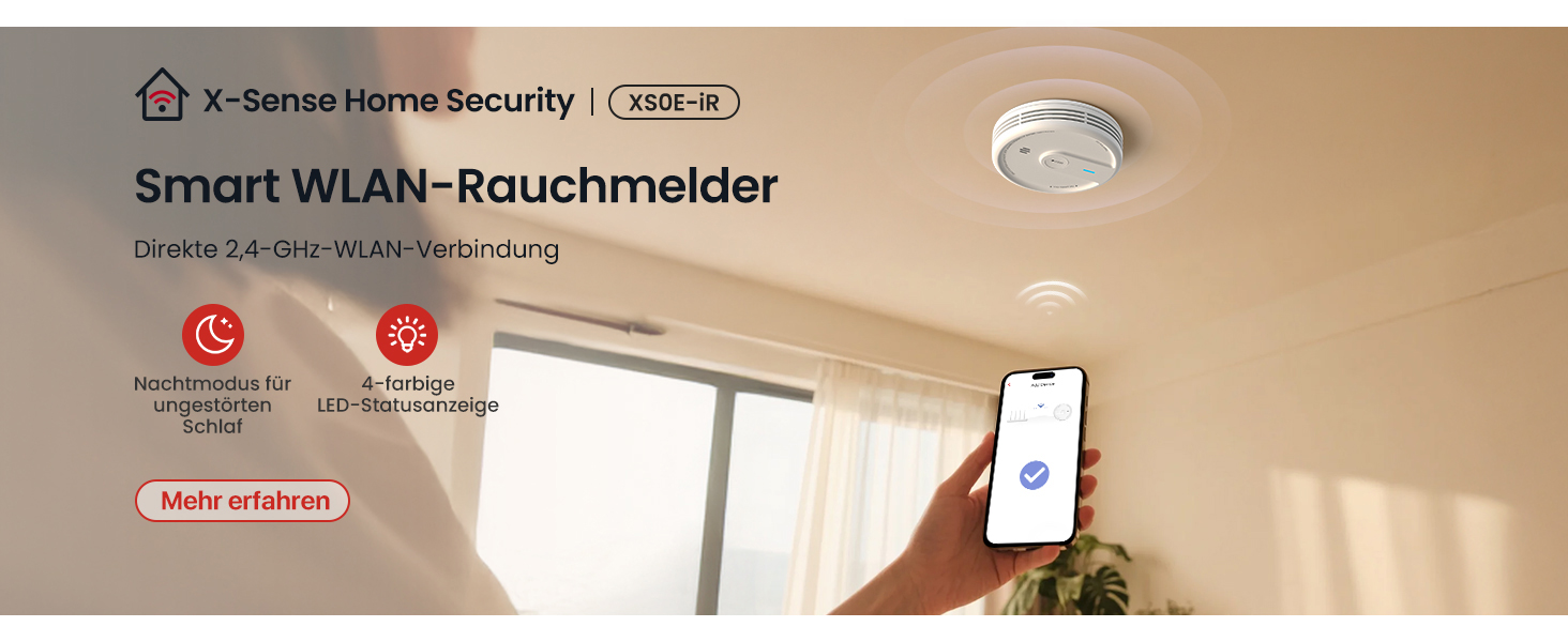 X-Sense Розумний димовий датчик з Wi-Fi, EN 14604, нічний режим, 10 років служби, змінна батарея, керування через додаток, XS0E-iR, білий