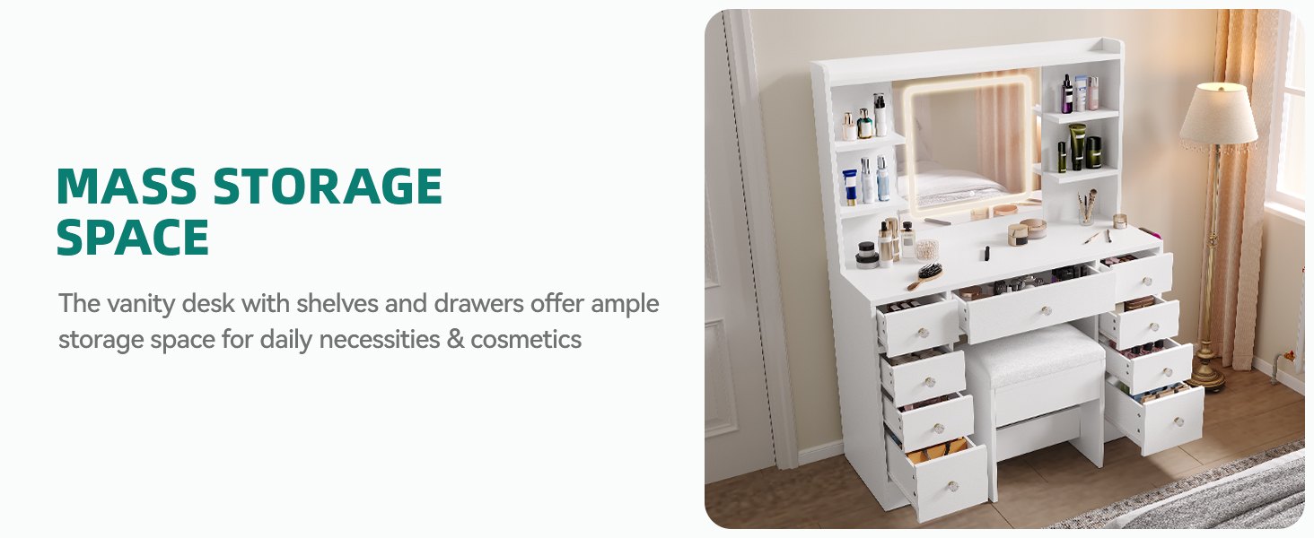 Туалетний столик YITAHOME з підсвічуванням та дзеркалом, з пуфом, 4 шухляди, відкриті полиці, чорний (білий, 9 шухляд)