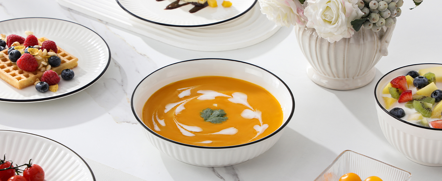 Набір посуду MALACASA LEILA 6 осіб, 24 частини: тарілки, миски, порцеляна, білий з чорним обідком