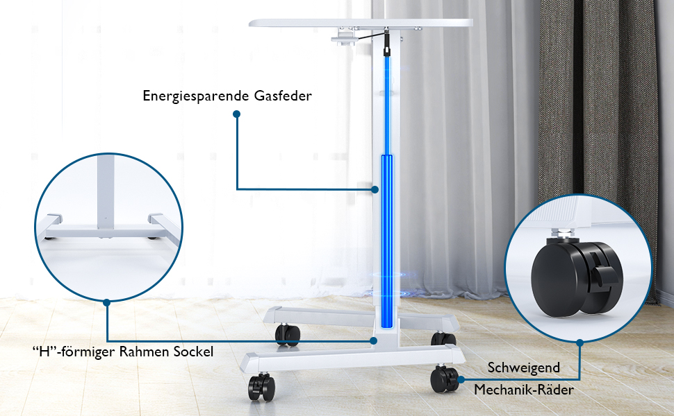 BONTEC Регульований стіл-трансформер, мобільний піднятий стіл з колесами, 65x45 см, білий, до 15 кг