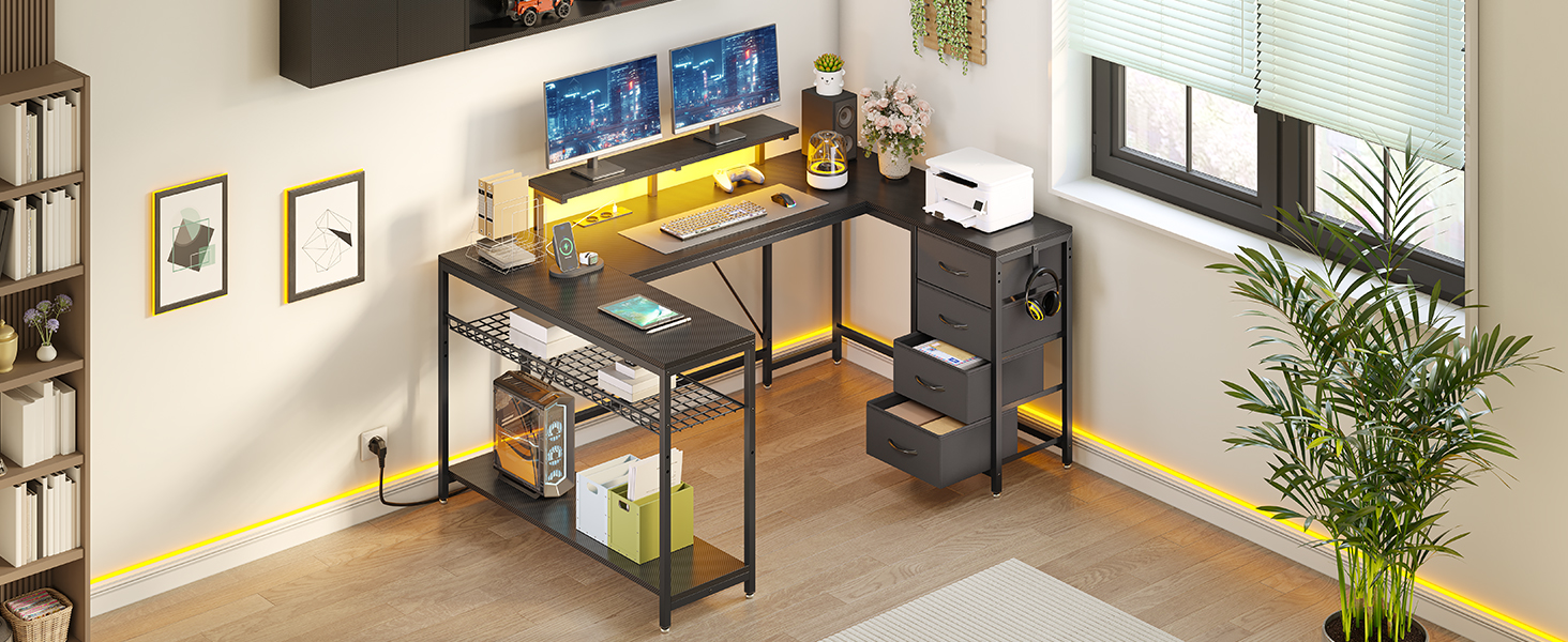 Кутовий письмовий стіл YITAHOME з 4 шухлядами, LED-підсвіткою та USB, 158x100 см - для геймінгу та домашнього офісу, чорний