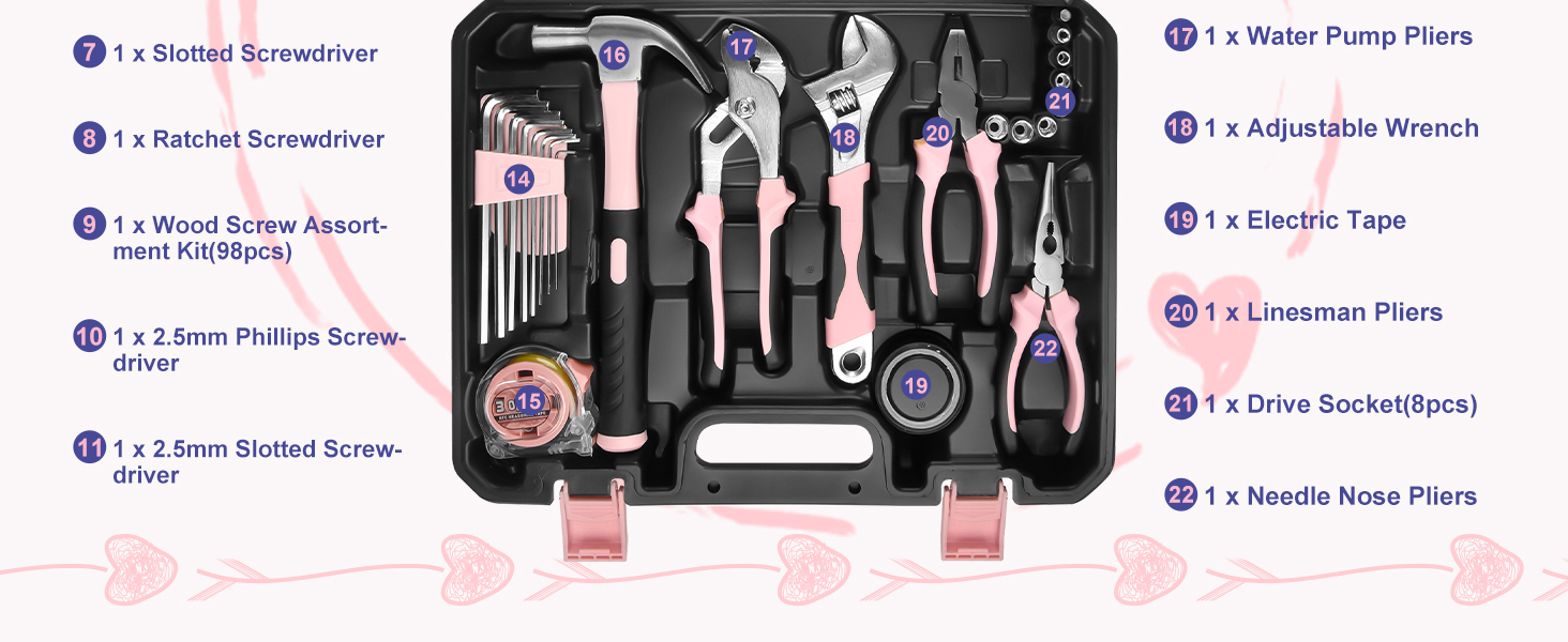 Набір інструментів Sundpey 148 предметів в кейсі - рожевий, з викрутками, ключами, плоскогубцями та тестером напруги для дому та майстерні