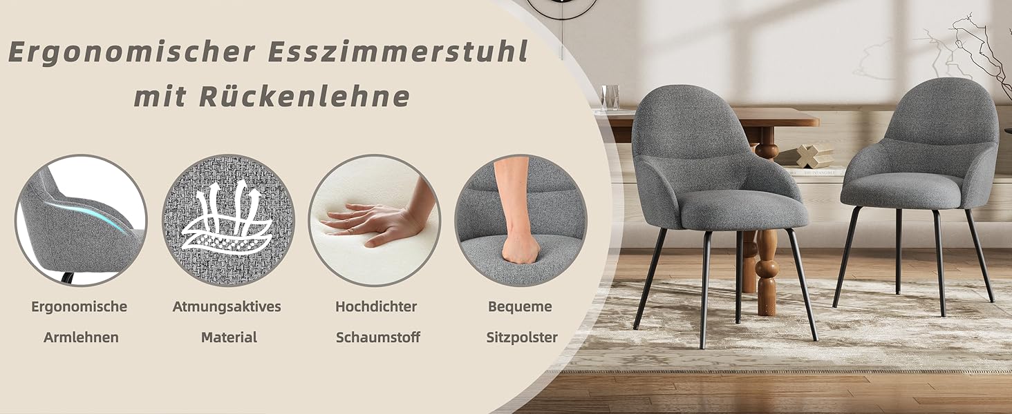 Набір обідніх стільців з підлокітниками – ергономічні м'які стільці, сучасні кухонні стільці з льоновим покриттям та металевими ніжками, для вітальні, обідньої кімнати, кухні, бежевий (2 шт., льон світло-сірий)