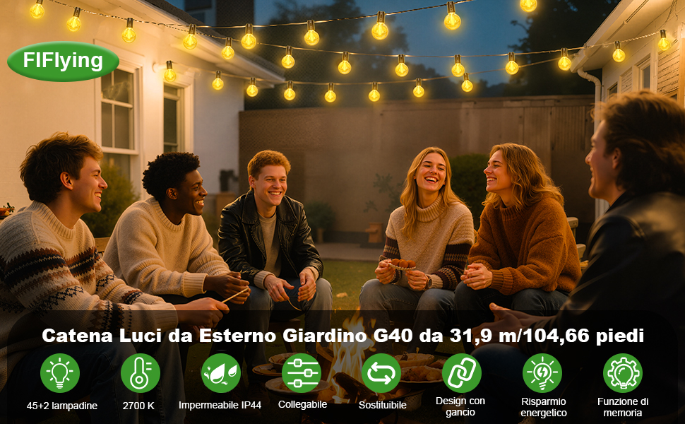 LED гірлянда для зовнішнього використання, з таймером, 30+1 G40 лампочки, димування, IP44, вологостійка, для декору саду, балкону, внутрішнього та зовнішнього використання (31.9м)