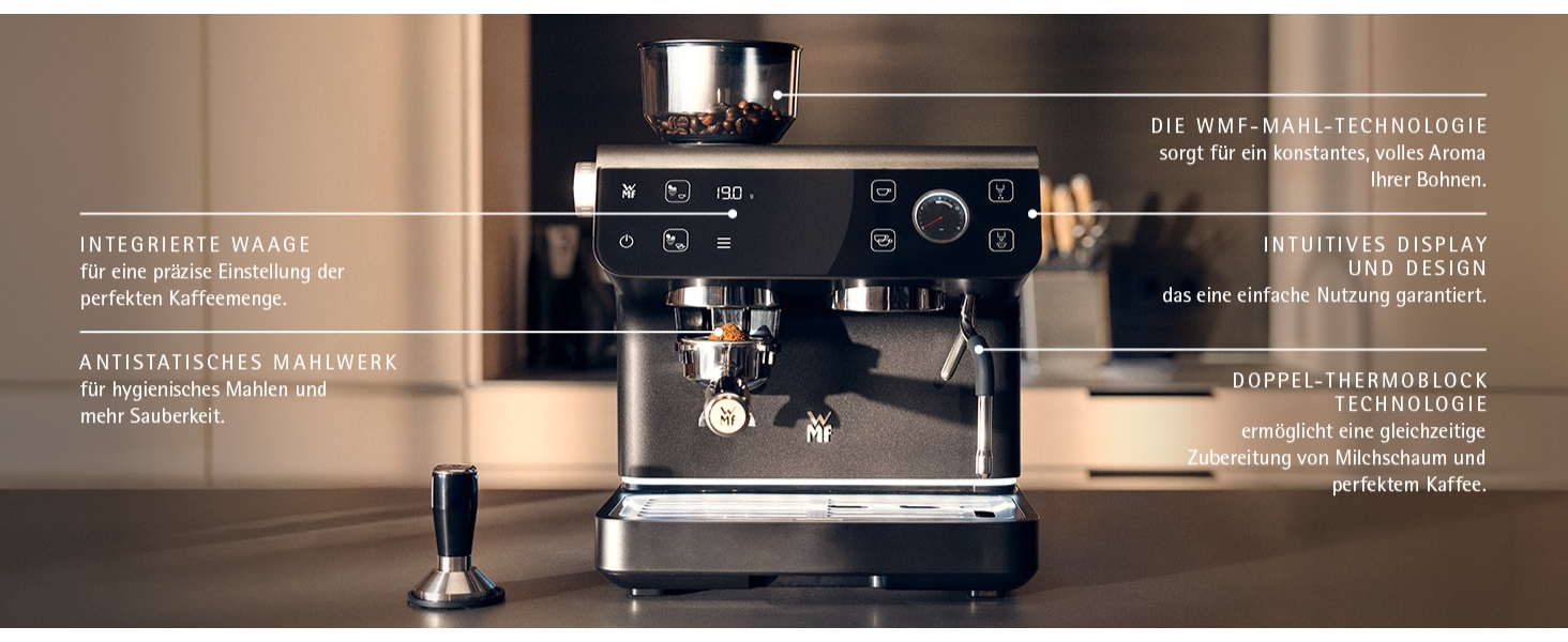 Напівавтоматична кавомашина WMF Espresso Pro з вбудованою кавомолкою, 15 бар, інтегрованими вагами та технологією Double-Thermoblock, колір стіле-сірий