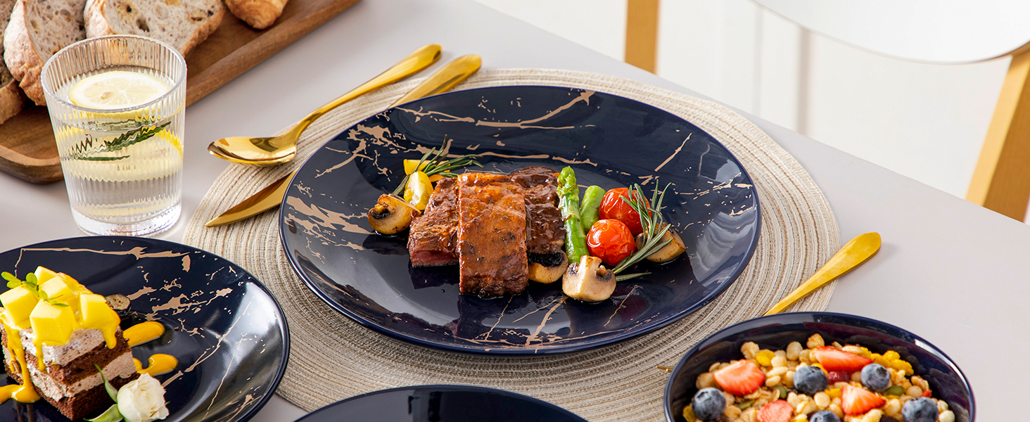 LOVECASA Tafelservice Daphne: 24-частинний набір посуду з золотим декором (Marineblau)