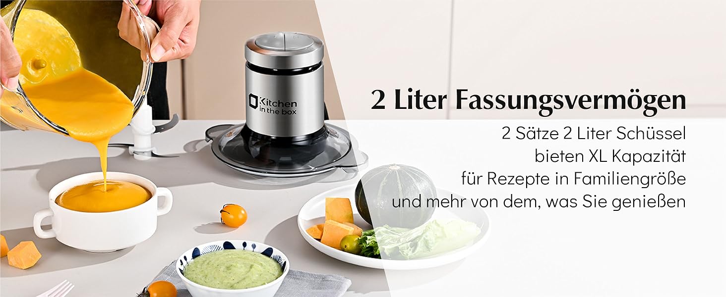 Електричний кухонний подрібнювач Zerkleinerer Küche 400W з 2 чашами (2L+2L) та подвійними лезами з нержавіючої сталі. Подрібнювач для м'яса, овочів, цибулі, фруктів. Срібний колір.