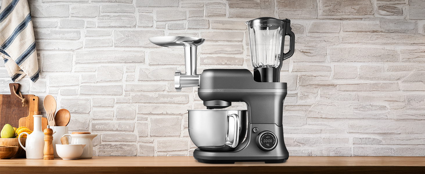 Кухонна машина MEDION MD18430: 3 в 1 (міксер, м'ясорубка, тістоміс), 5 л чаша з нержавіючої сталі, 1200 Вт, подрібнювач, нарізач, цифрова панель керування, з чашею для льоду та м'ясорубкою, з титановим ножем