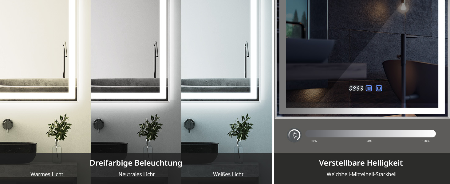 Дзеркало для ванної кімнати YOURLITE з підсвічуванням, 85x55 см, LED, сенсорне керування, 3 кольори світла, регулювання яскравості, антизапар, горизонтальне/вертикальне, IP44, білий (срібний, 80x60 см)