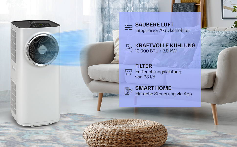 Мобільний кондиціонер Klarstein 5-в-1 з WiFi, вентилятором, осушувачем, очищувачем повітря та нічним режимом, для квартири та офісу, 10000 BTU, білий