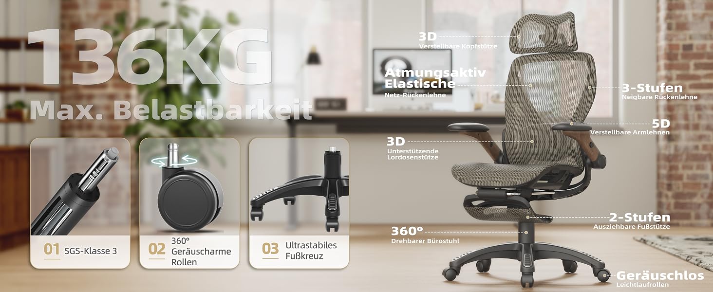 Ергономічне офісне крісло ELABEST X100 з високою спинкою, сіткою та підставкою для ніг (Коричневий/Горіх, Нейлон)