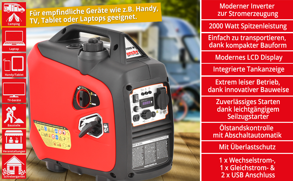 Генератор HECHT Inverter 2000W: тиха мобільна електростанція з бензиновим баком 4 літри та часом роботи до 6 годин. Підходить для чутливої електроніки (ноутбук, телефон, телевізор)