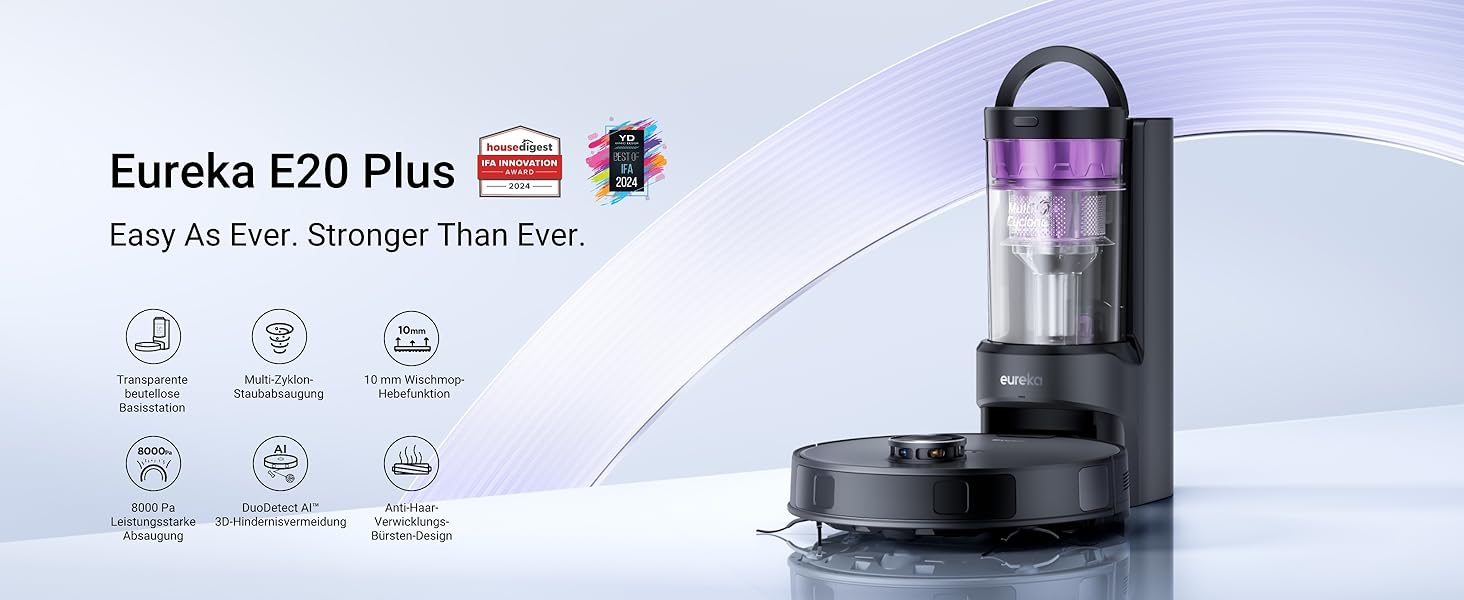 Робот-пилосос Eureka E20 Plus: 8000 Pa, самостійна очистка, DuoDetect AI, білий/чорний