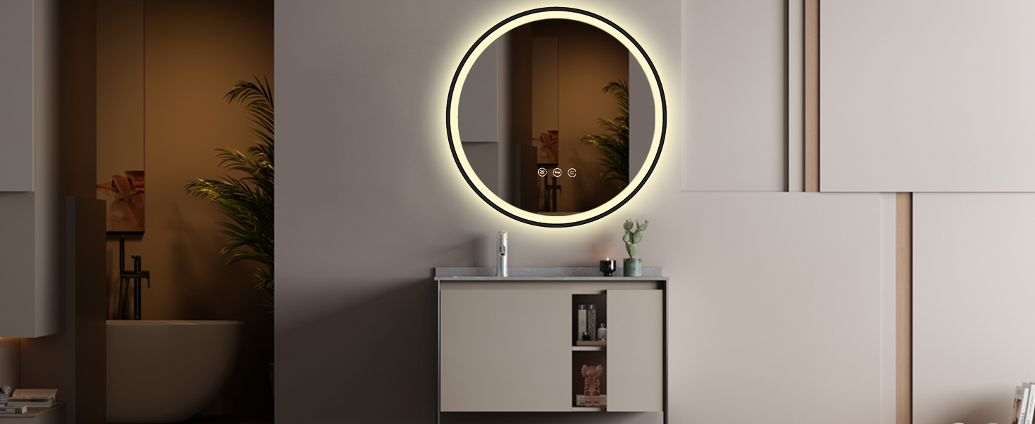 Круглий дзеркало PESENXAN 70см з чорною рамою та підсвічуванням - антизапарник, з регулюванням яскравості, 3 кольори світла, LED, енергозберігаючий, сенсорне управління та функція пам'яті - чорний (антизапарник, 3 кольори світла, регулювання яскравості, 80x80 см)