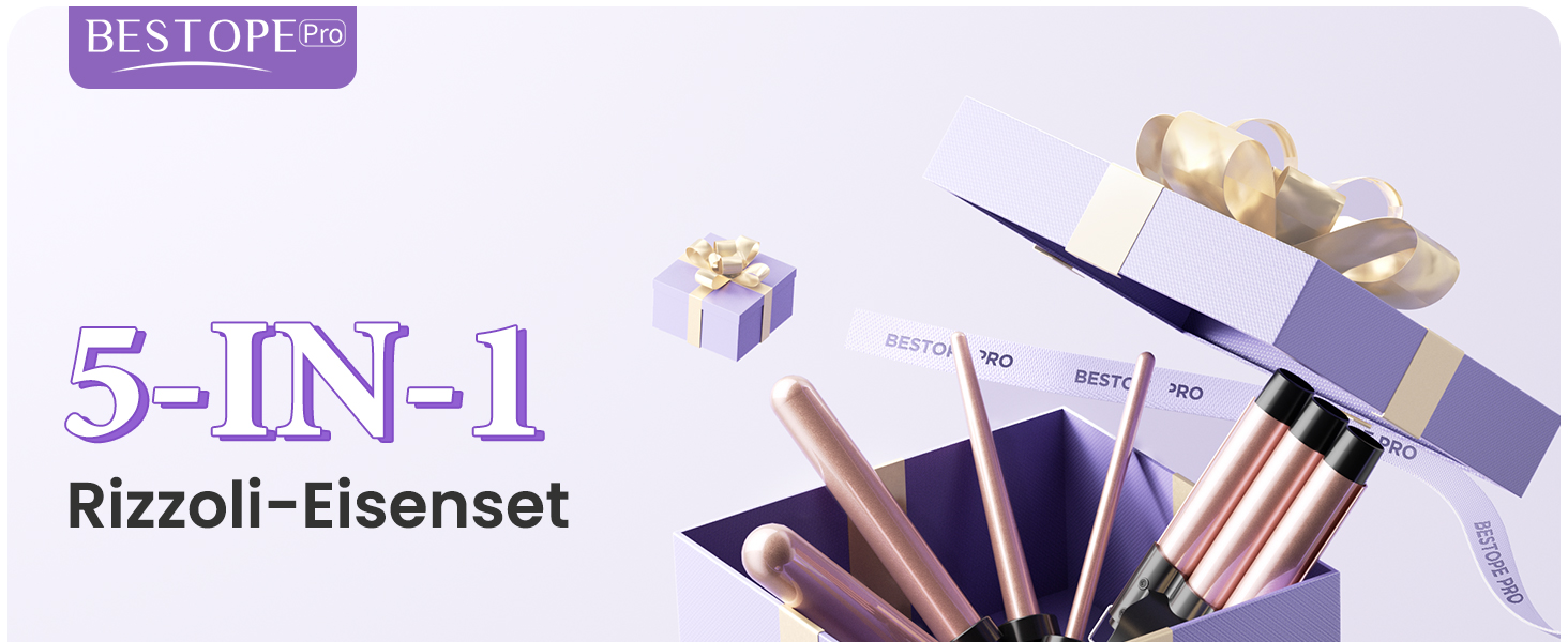 BESTOPE PRO Набір для завивки волосся 5-в-1 – 3 керамічні насадки для великих локонів та хвиль – швидкий нагрів, 2 температурні режими, локонові щипці з рукавичкою та 2 зажимами, антифrizz, подвійне напруження, рожеве золото