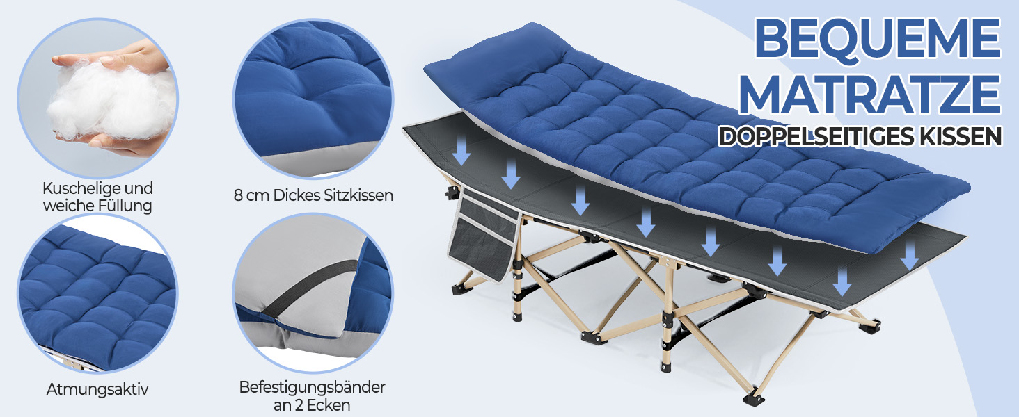 Розкладне кемпінгове ліжко Yaheetech з матрацом та сумкою для перенесення, гостьове ліжко для відпочинку та саду, 191 x 67 см, витримує до 150 кг (Блакитний/Сірий)